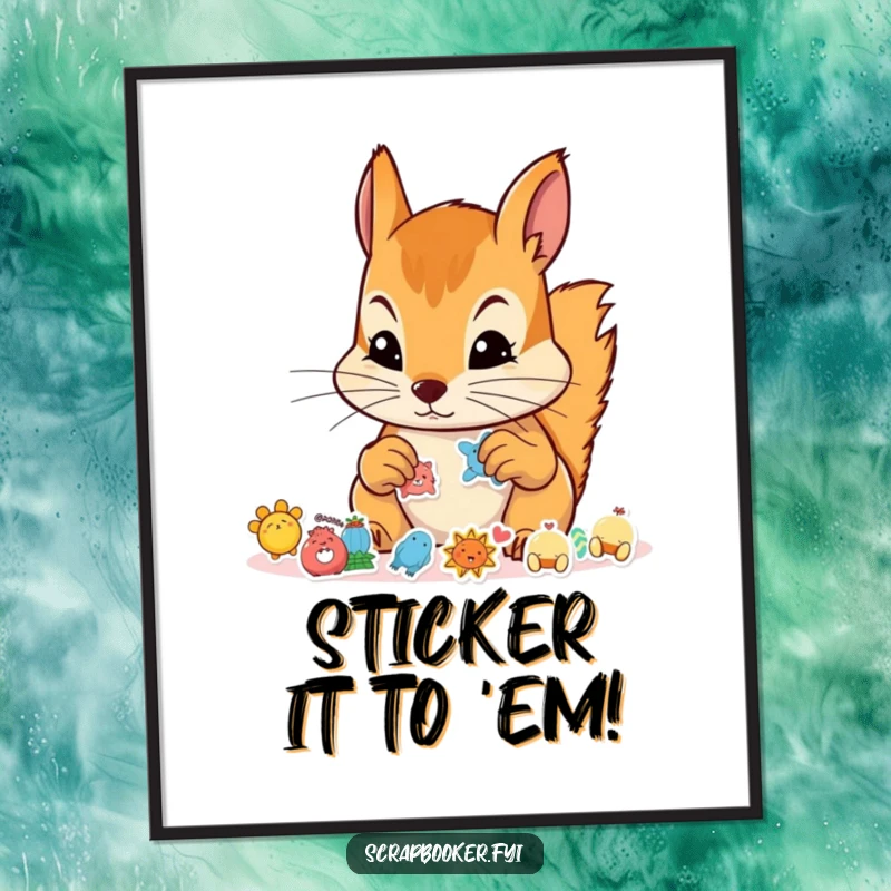 Funny Free Printable Wall Art: A determined squirrel with intense focus arranging tiny stickers, showcasing a miniature DIY art project.