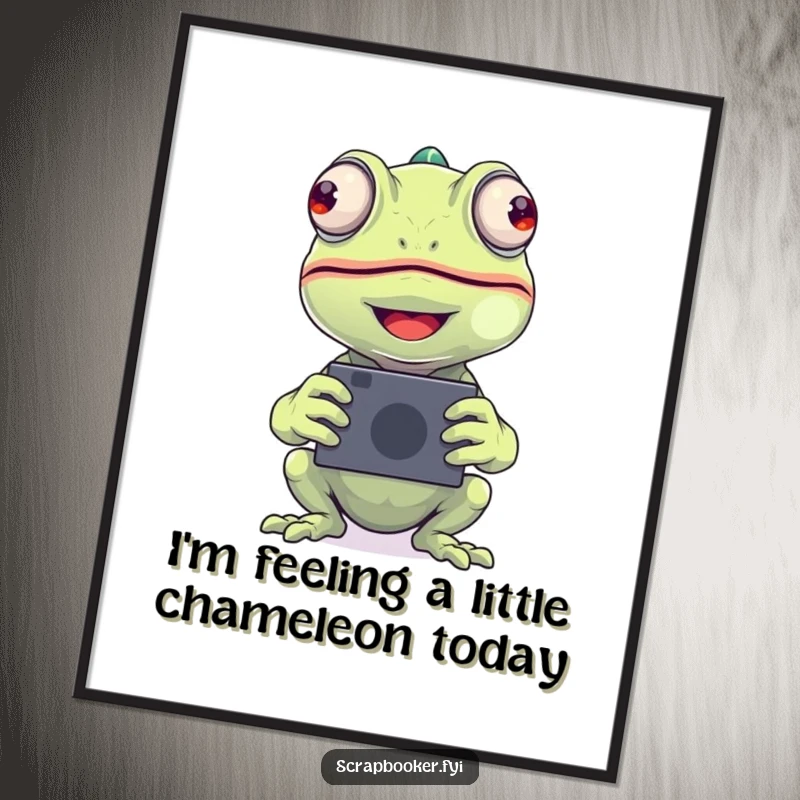 Funny Free Printable Wall Art: Beaming chameleon happily places a photograph, adding quirky charm.