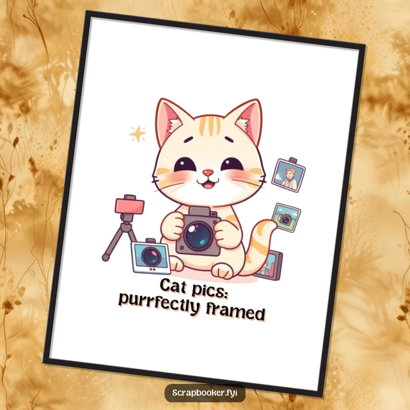 Funny Free Printable Wall Art: Happy cat with a focused expression organizing photographs. Downloadable decor.