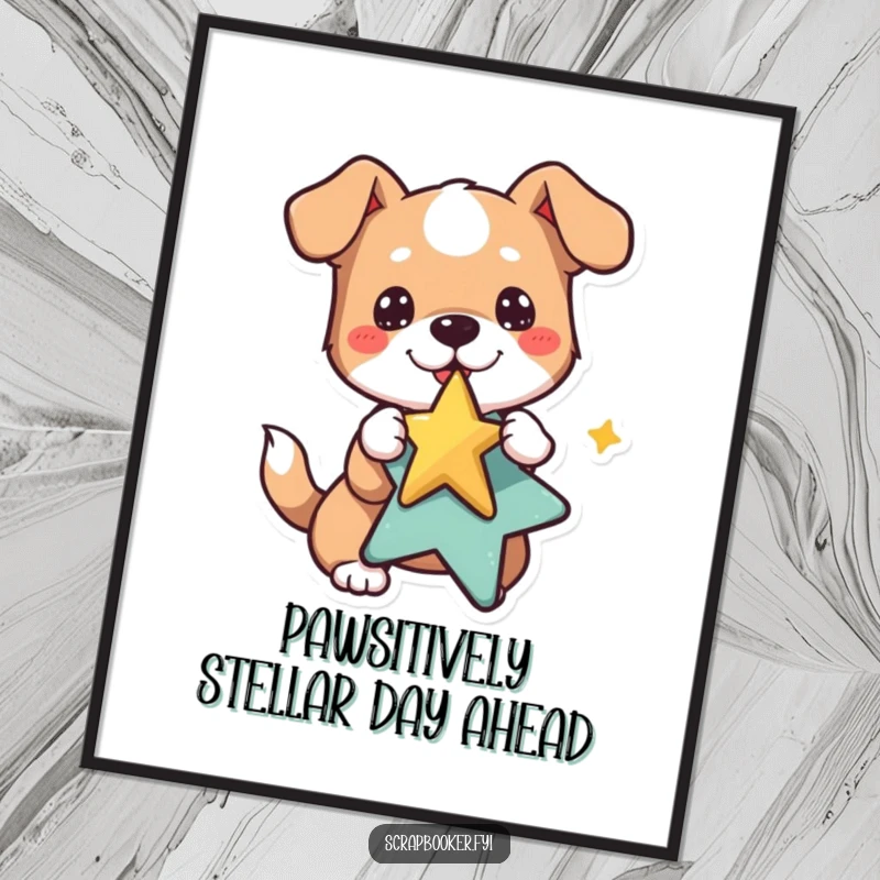 Funny free printable wall art of a playful dog diligently pasting a star sticker, symbolizing achievement and joy. Woof!