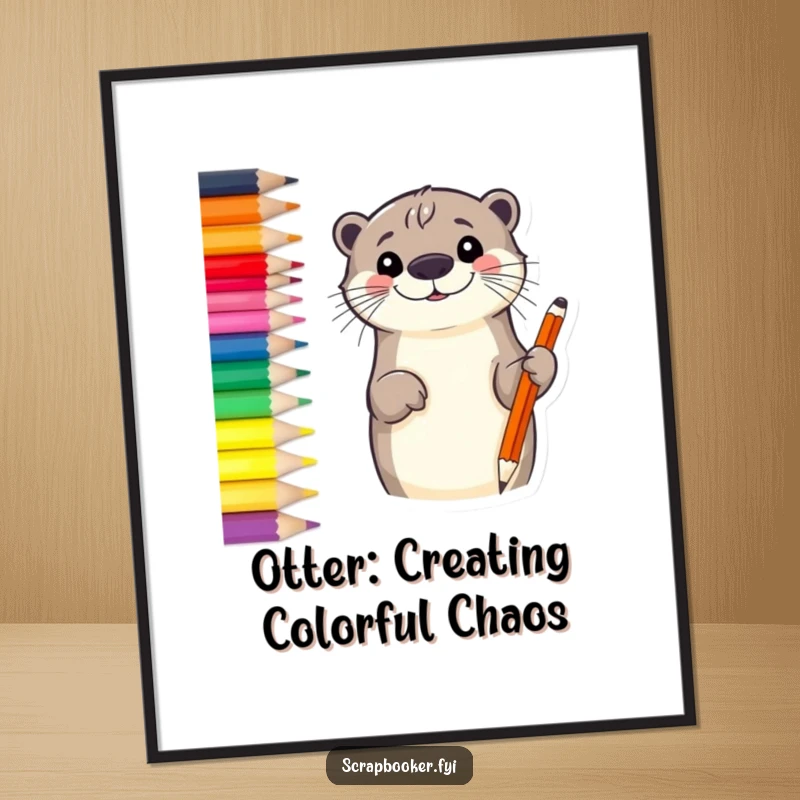 Cute free printable wall art: A smiling otter sketching a vibrant border with a colored pencil, adding artistic charm to your room.