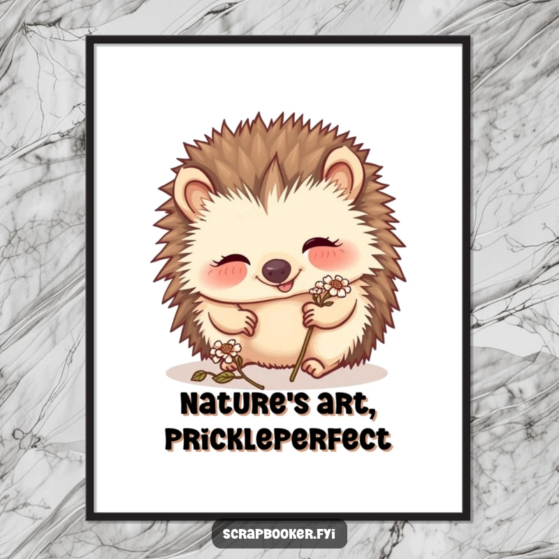 Funny Free Printable Wall Art: A giggling hedgehog meticulously places a tiny dried flower, creating whimsical decor.