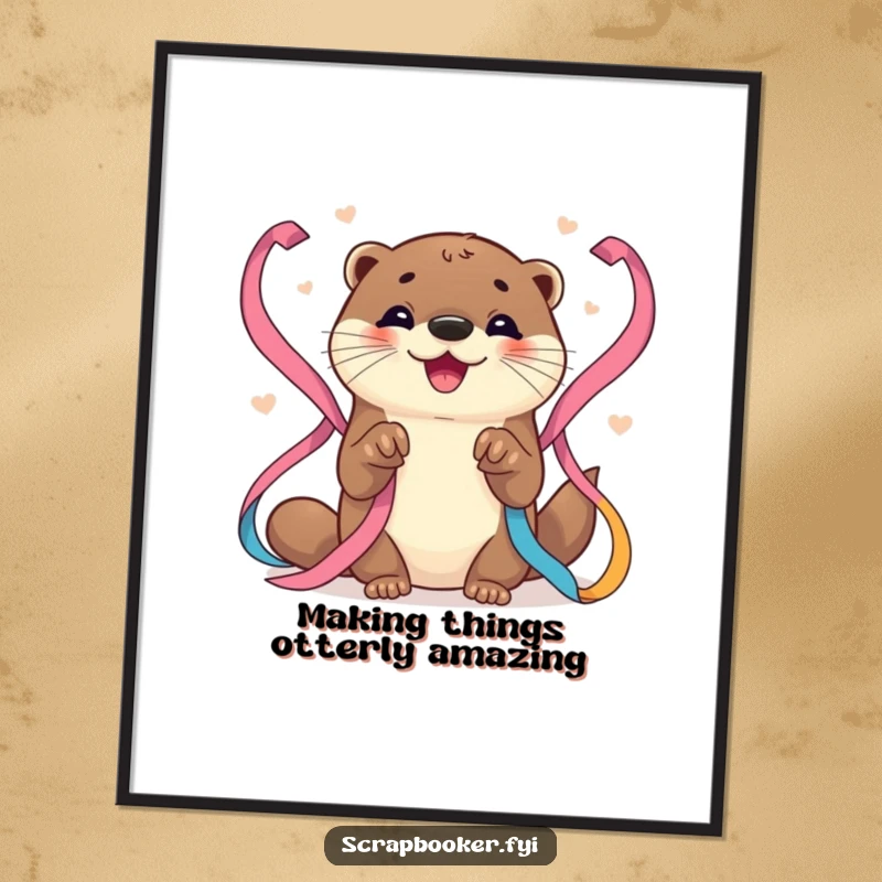 Funny Free Printable Wall Art: A cheerful otter carefully arranging vibrant ribbons with its tiny paws, a whimsical decoration.