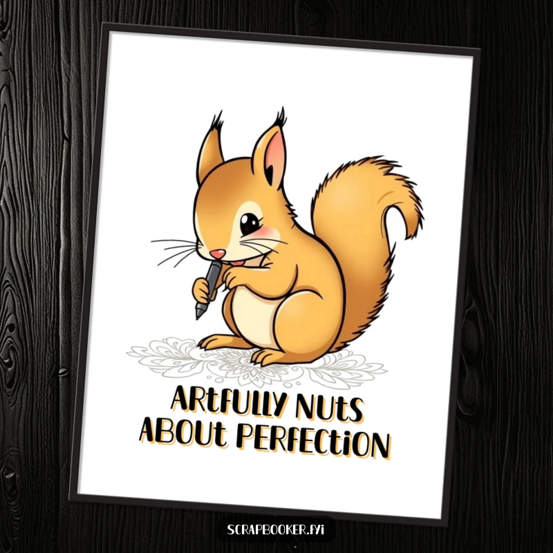 Funny Free Printable Wall Art: A determined squirrel artist meticulously drawing complex patterns with a fine-tip pen, a masterpiece in progress.