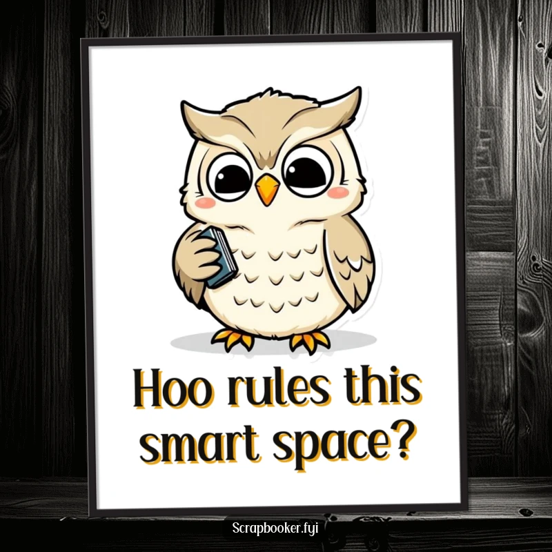 Funny Free Printable Wall Art: A wise owl joyfully uses a hole punch with precise, happy movements, creating a unique piece.