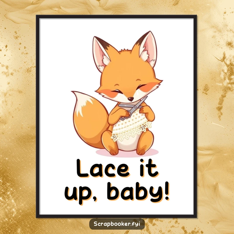 Funny Free Printable Wall Art: A determined fox humorously snips delicate lace, adding a touch of witty charm to any room.