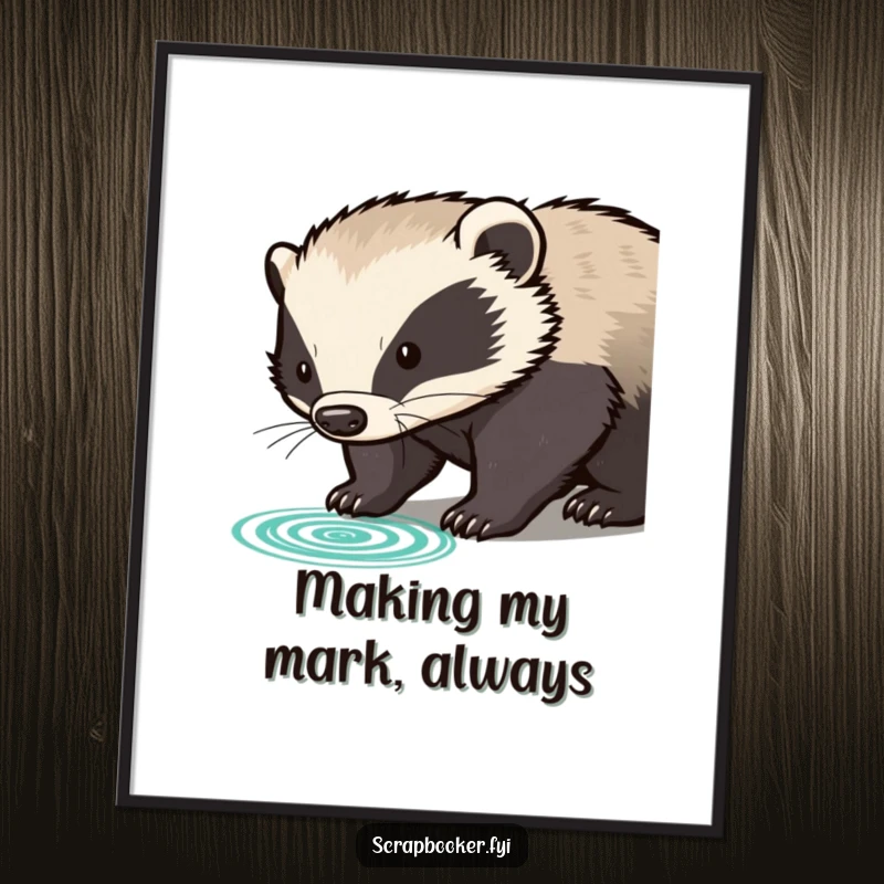 Funny Free Printable Wall Art: Determined badger presses rubber stamp, leaving a clear, bold impression. Downloadable decor.