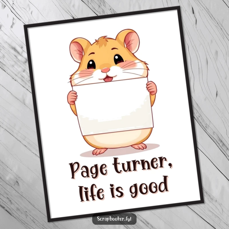 Funny Free Printable Wall Art: A proud hamster holds up a finished scrapbook page, radiating pure accomplishment and joy.