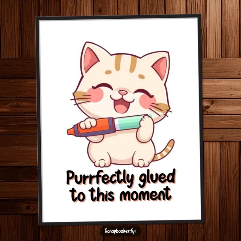 Funny Free Printable Wall Art: A cheerful cat with a wide smile is enthusiastically using a glue stick, ready to decorate any room.
