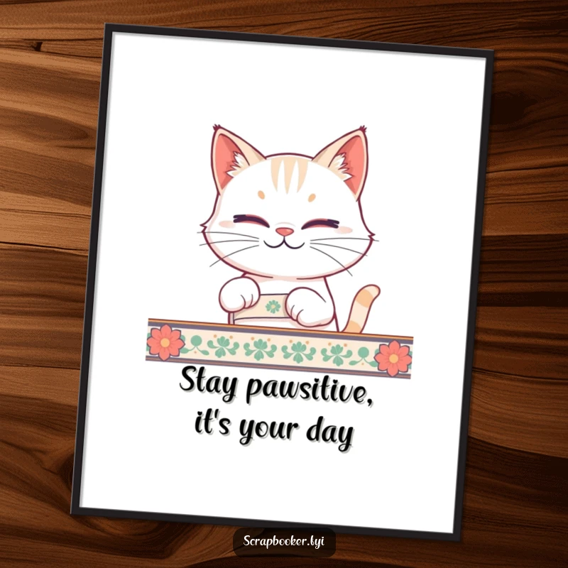 Funny Free Printable Wall Art: Smirking cat carefully peels tape from a decorative strip, adding playful charm.