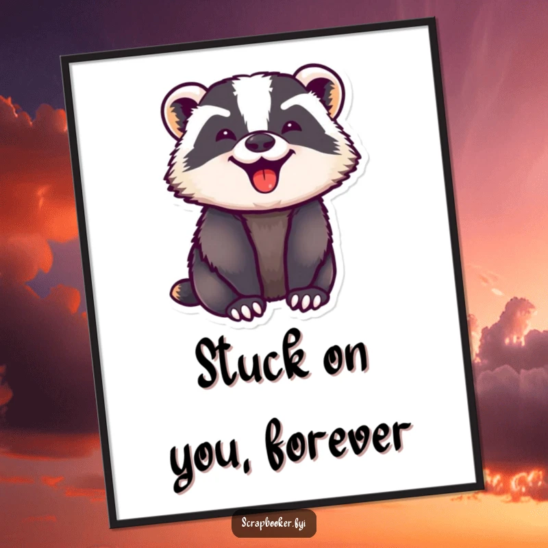 Funny Free Printable Wall Art: A badger with intense, focused joy pressing down a sticker, a quirky piece.