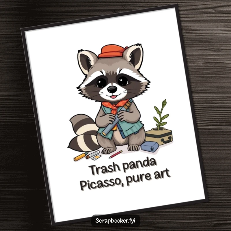 Funny Free Printable Wall Art: A playful raccoon meticulously builds a layered collage using various textures and materials.