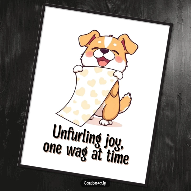 Funny Free Printable Wall Art: A joyful dog is enthusiastically unfurling a long piece of beautifully patterned paper with a celebratory flourish.