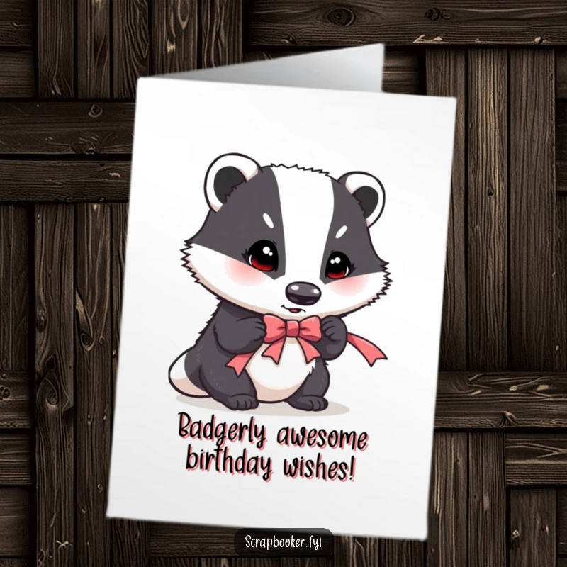 Funny Free Printable Birthday Card: A determined badger meticulously adds a ribbon, crafting a humorous DIY greeting.