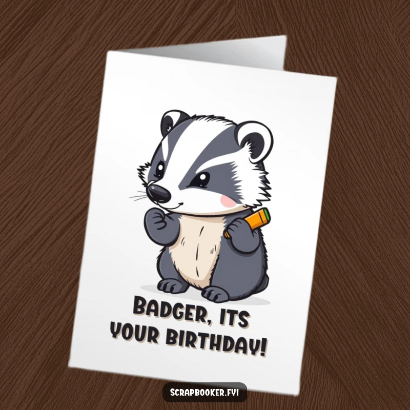 Funny Free Printable Happy Birthday card with a determined badger drawing with a bright crayon, creating a colorful message.