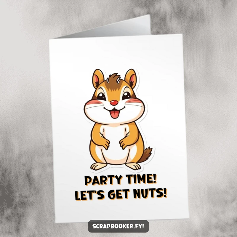 Funny Free Printable Birthday Card: A jovial chipmunk happily cutting a patterned paper shape, ready for fun.