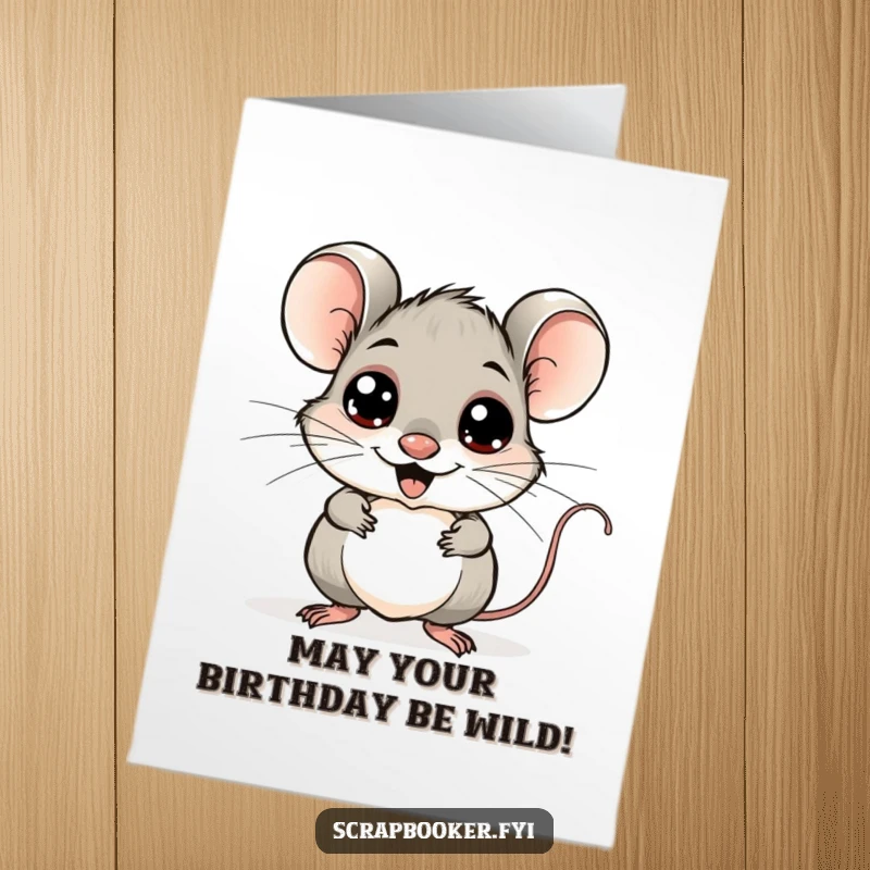 Funny Free Printable Birthday Card of a cheerful mouse sticking googly eyes onto a whimsical drawing, adding silliness.