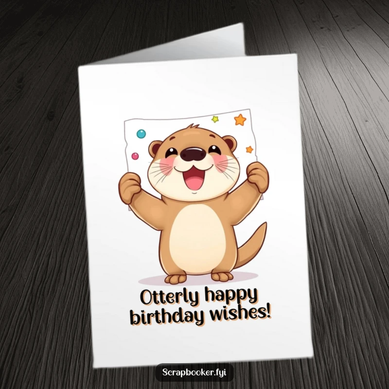 Funny Free Printable Birthday Card: A joyful otter proudly displays a decorated page, a hilarious DIY greeting card.