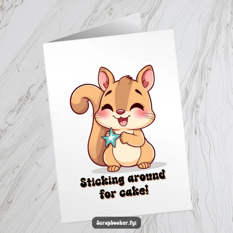 Funny Free Printable Birthday Card: Delighted squirrel gluing a sparkly sticker onto a page with a big smile.