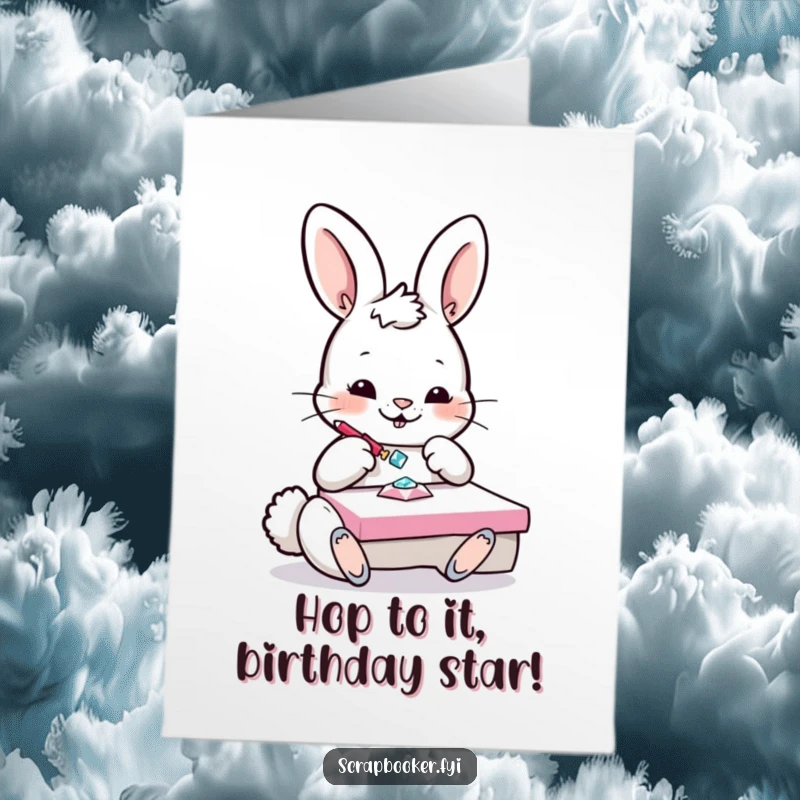 Funny Free Printable Birthday Card: Playful bunny gluing a sparkling gem onto a project, celebrating with dazzling creativity. Downloadable art.