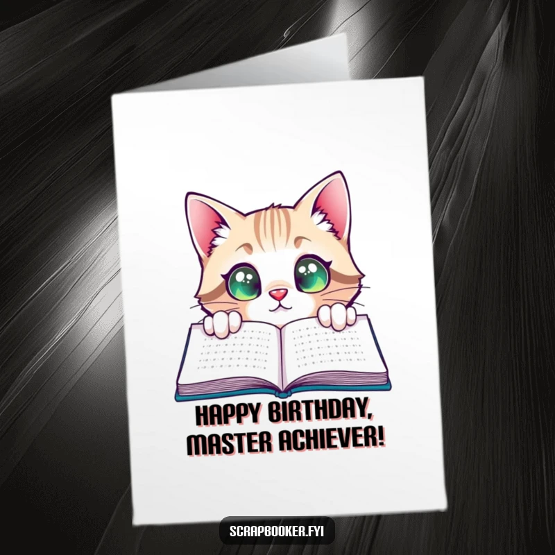 Funny free printable birthday card featuring a curious cat peeking with wide, satisfied eyes at a finished page.