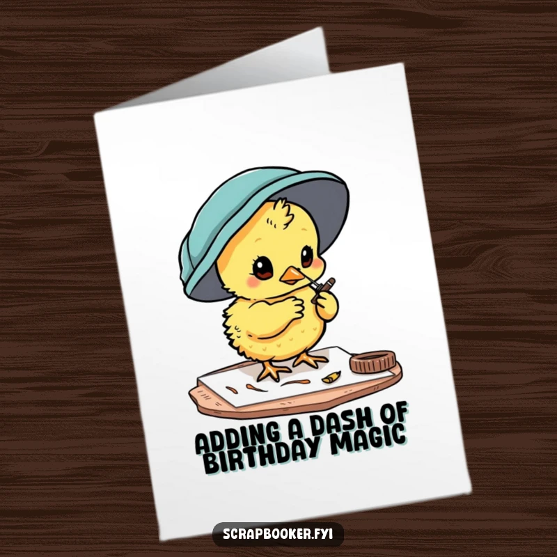 Funny Free Printable Birthday Card: Curious chick painting tiny details onto a card, a masterpiece of wishes.