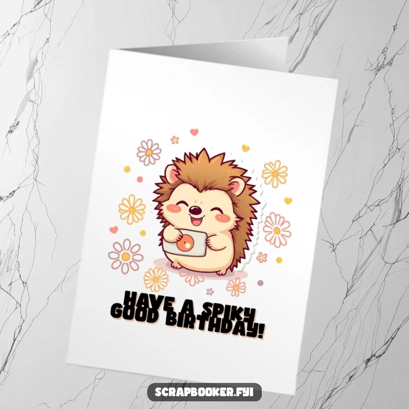 Funny Free Printable Birthday Card: A joyful hedgehog intently using a hole punch to create decorative patterns, a DIY crafting wonder.