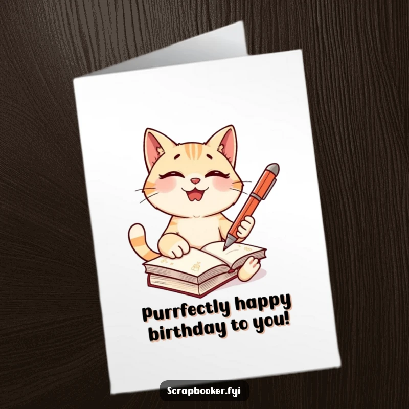 Funny Free Printable Birthday Card: Giggling cat with a pen, ready to write in a decorated journal, full of mirth.