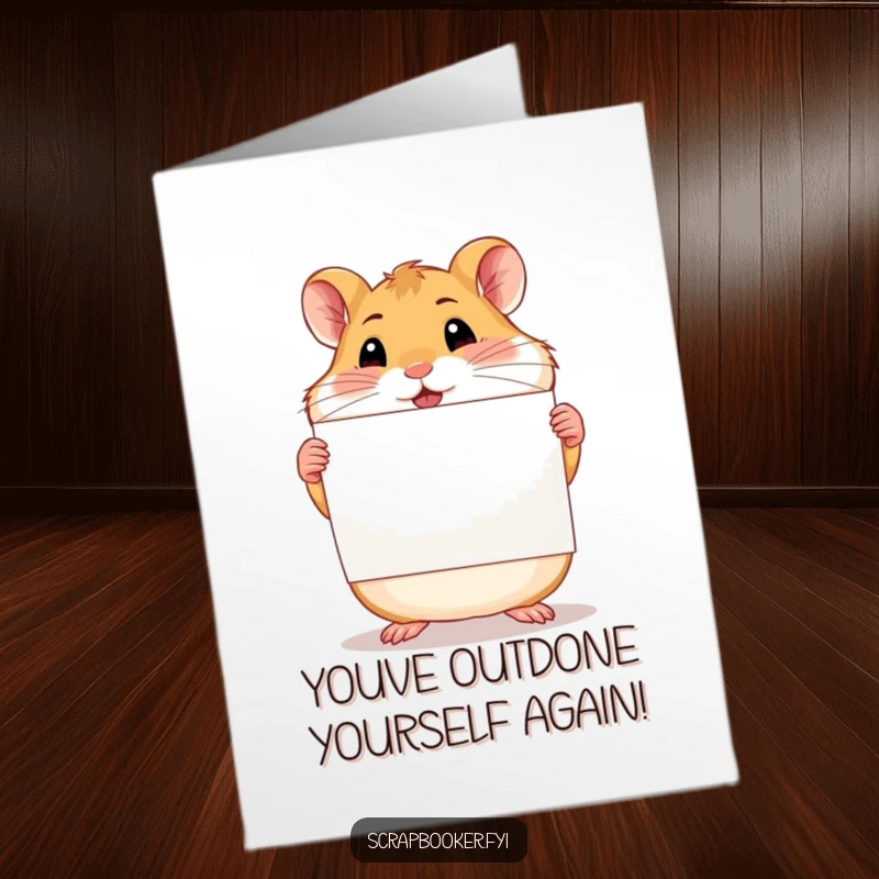 Funny Free Printable Birthday Card: A proud hamster beams, holding up a meticulously finished scrapbook page with pride.