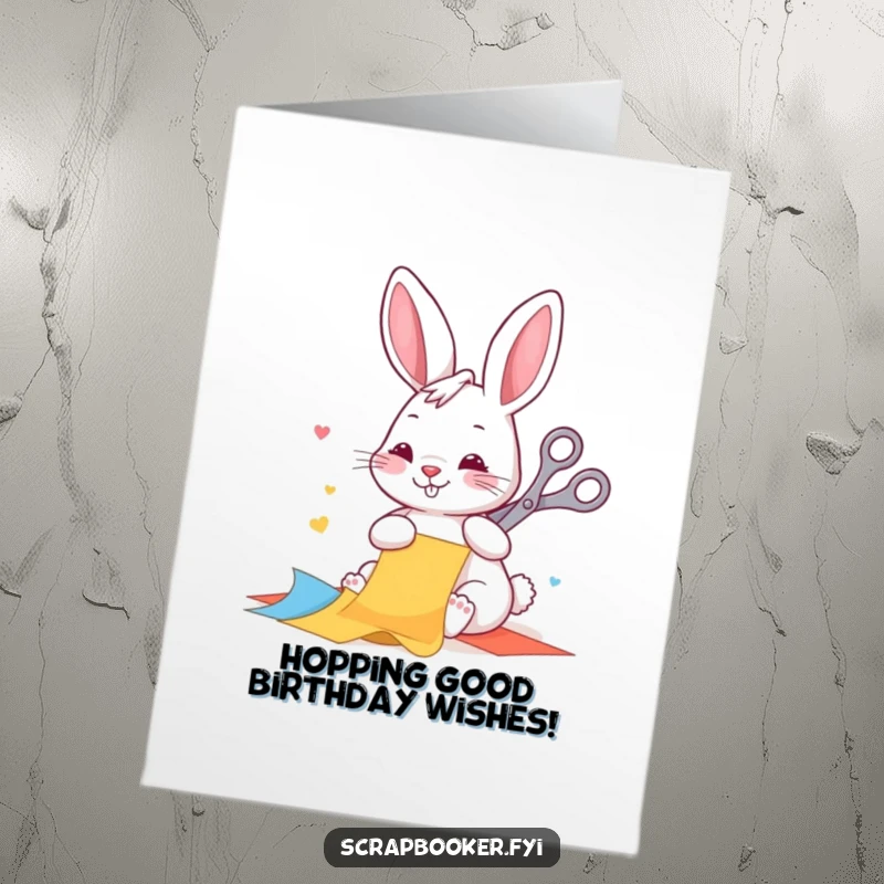 Funny Free Printable Happy Birthday card with a happy rabbit meticulously cutting colorful paper, symbolizing creative celebration.