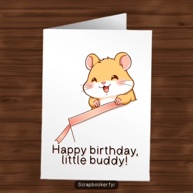 Funny Free Printable Birthday Card: A happy hamster meticulously taping a ribbon along a page edge, adding flair to DIY crafts.
