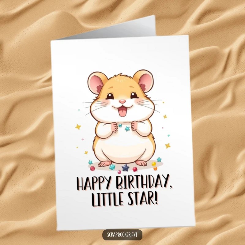 Funny Free Printable Birthday Card: A tiny hamster meticulously arranging shiny embellishments with pure delight, creating a festive birthday sparkle.
