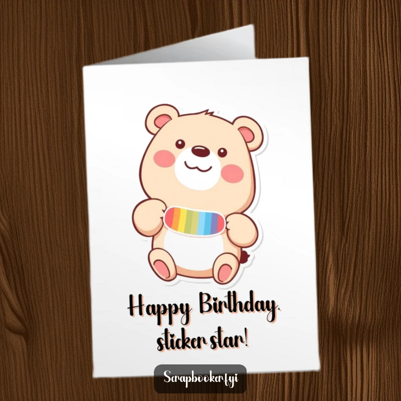 Funny Free Printable Birthday Card: A happy bear excitedly adding a colorful sticker to a page with pure delight.