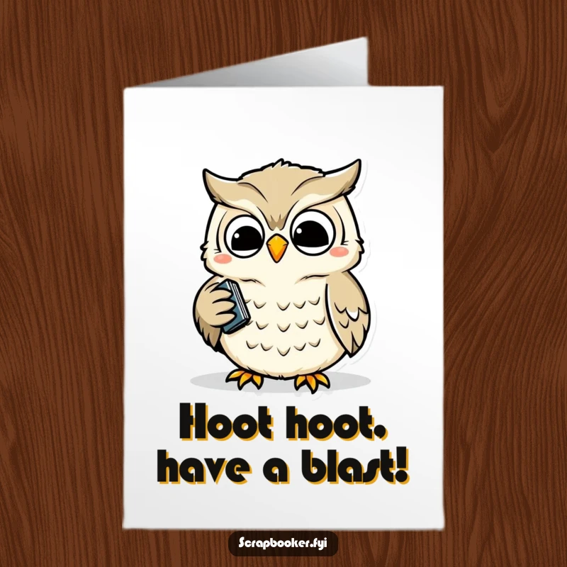Funny Free Printable Birthday Card: Wise owl happily using a hole punch with precise, expert movements, ready for party prep.
