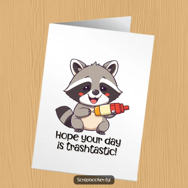 Funny Free Printable birthday card: a mischievous raccoon grins widely while using a glue stick, offering a quirky greeting.