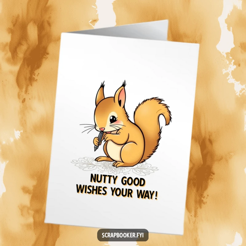 Funny Free Printable Birthday Card: Determined squirrel artist meticulously drawing intricate patterns with a fine-tip pen, ready to celebrate.