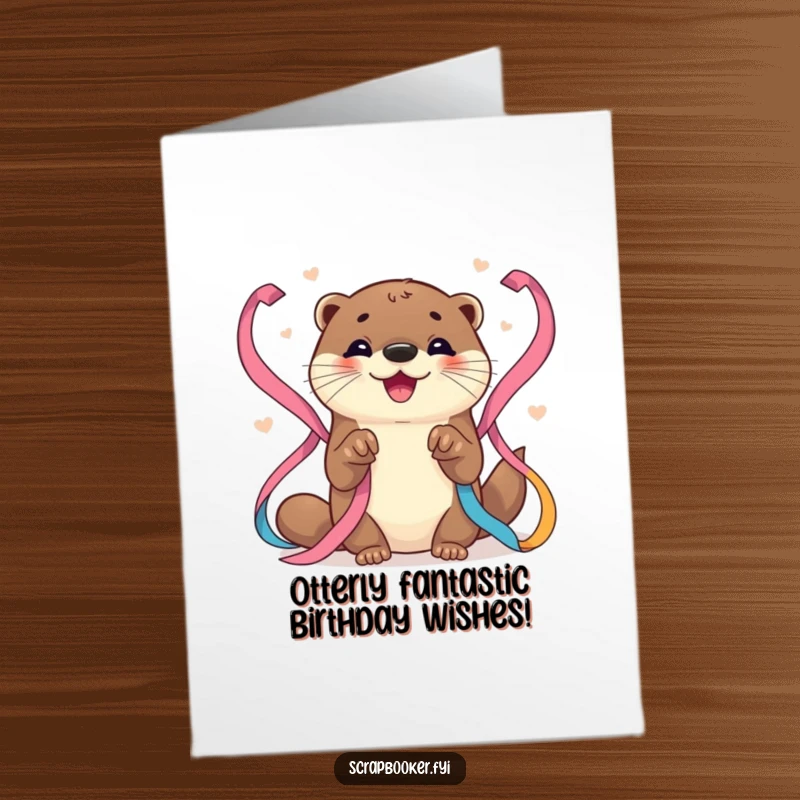 Funny Free Printable Birthday Card: A joyful otter meticulously arranging colorful ribbons with its tiny paws, ready to celebrate.