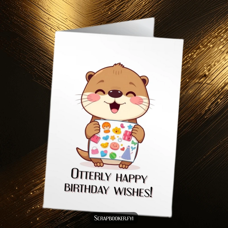 Funny free printable birthday card showing a cheerful otter enthusiastically holding a vibrant sticker sheet.