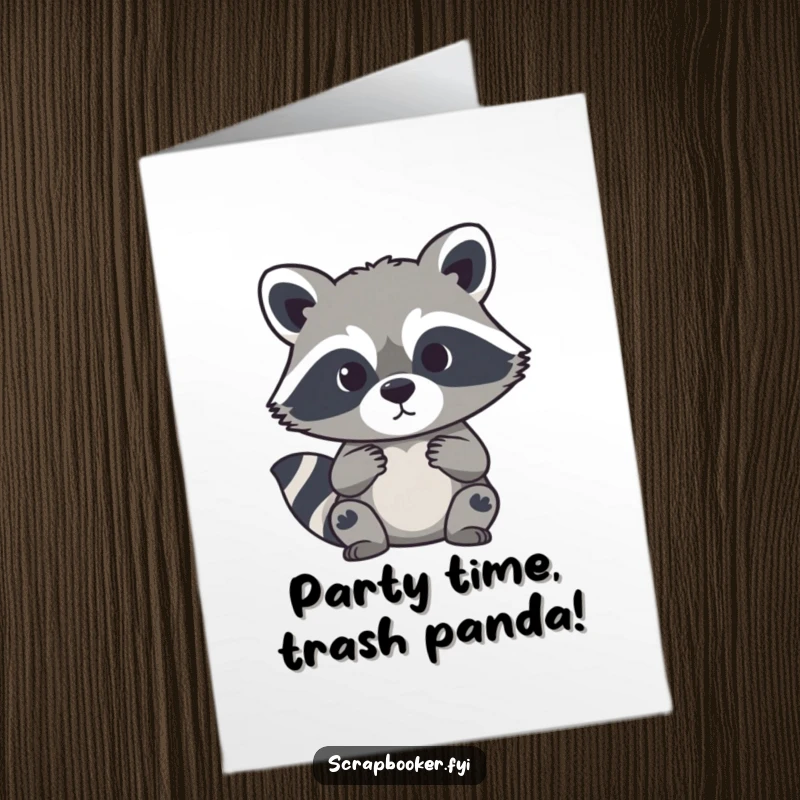 Funny Free Printable Birthday Card: A curious raccoon artfully cutting a paper silhouette with intense concentration, a DIY crafting delight.
