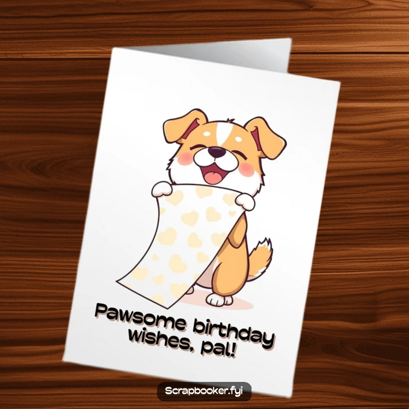 Funny Free Printable Birthday Card: A joyful dog enthusiastically unfurling a long piece of patterned paper with a grand flourish.