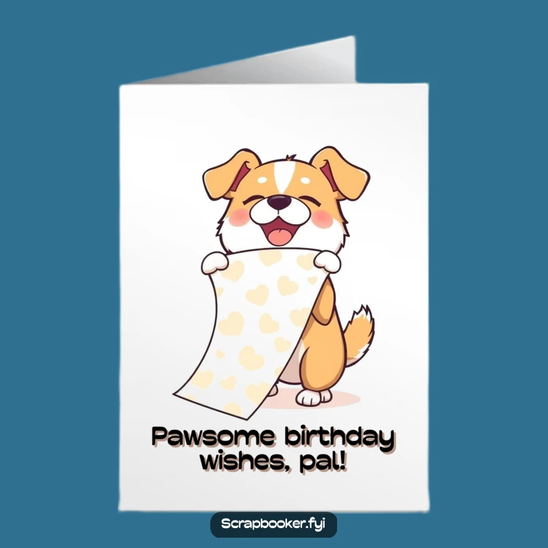 Free Printable Birthday Card: Joyful Dog Unfurling Paper, Funny Gift