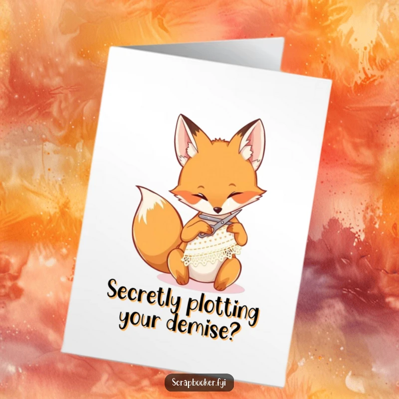 Funny Free Printable Birthday Card: A determined fox humorously snips delicate lace, adding a mischievous touch to your celebration.