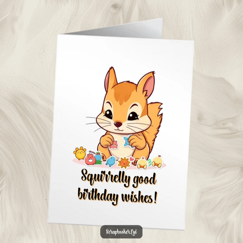 Funny Free Printable Birthday Card: Determined squirrel meticulously places tiny stickers, radiating focus for a DIY crafting celebration.