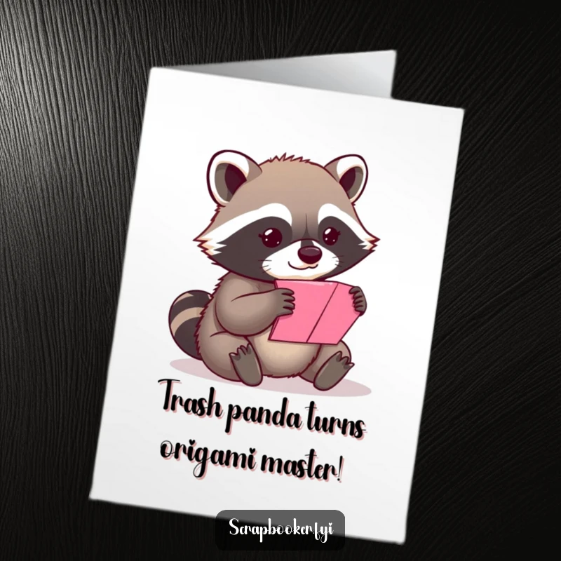 Funny Free Printable Birthday Card: A content raccoon meticulously folds a vibrant piece of paper with focused, gentle care.