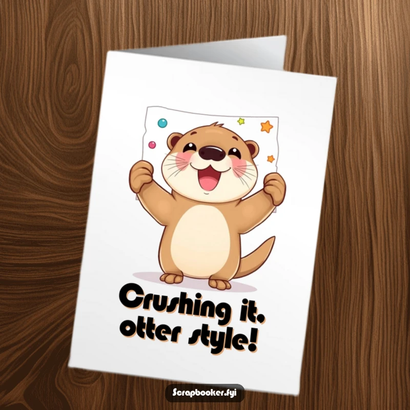 Funny Free Printable Congrats Card: A joyful otter holds up a decorated page with pride, celebrating success.
