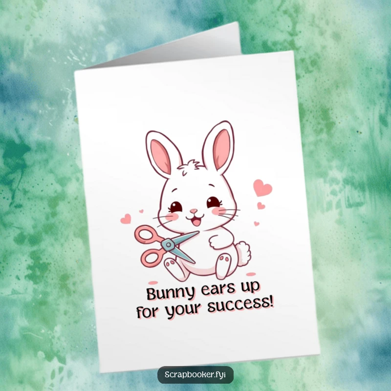Funny Free Printable Bunny Card: Playful bunny with scissors crafting a congratulatory message, a unique downloadable gift.