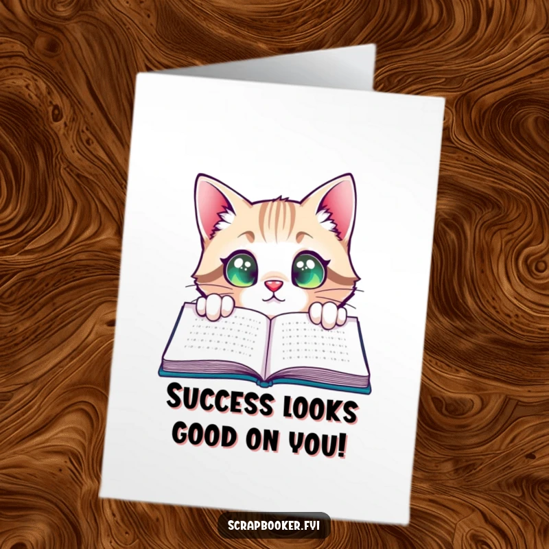 Funny free printable congratulations card: a curious cat peeks with wide, satisfied eyes at a job well done.