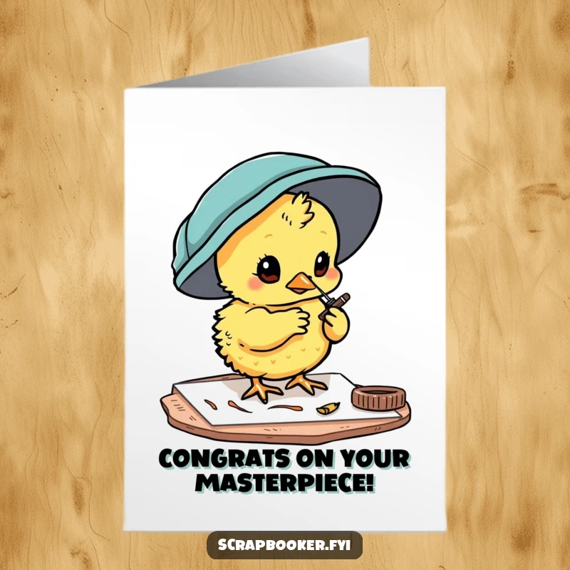 Funny Free Printable Congratulations Card: Curious chick painting small details, celebrating achievements artistically.