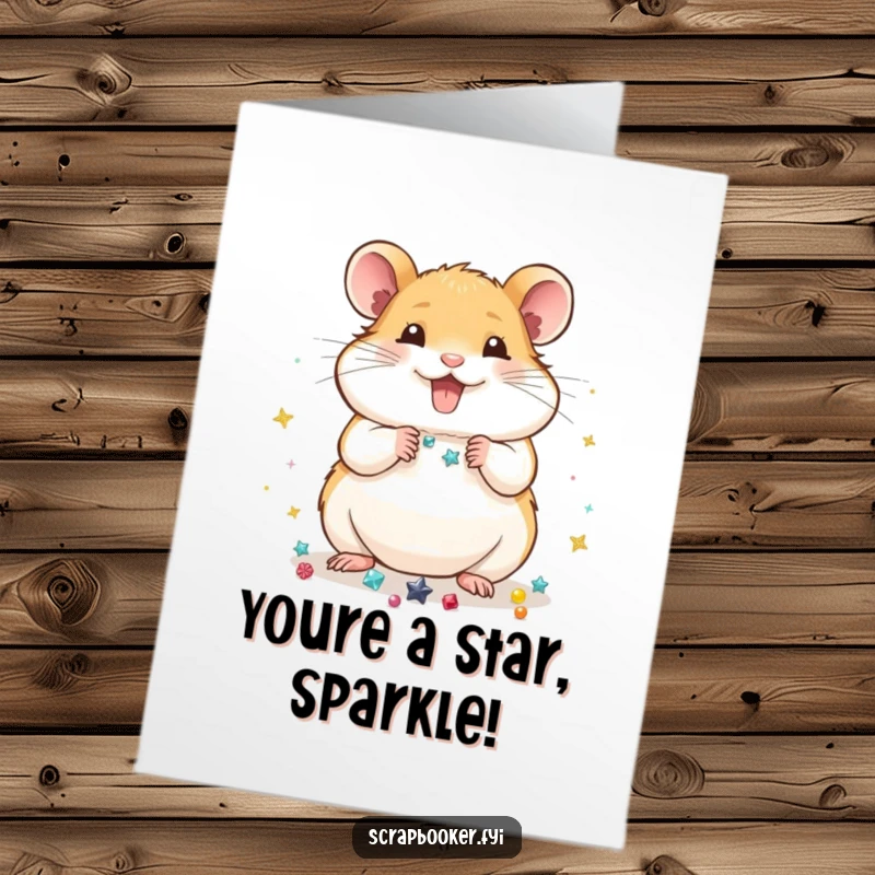 Funny Free Printable Congrats Card: A happy hamster carefully placing shiny embellishments, celebrating a wonderful accomplishment with meticulous care.