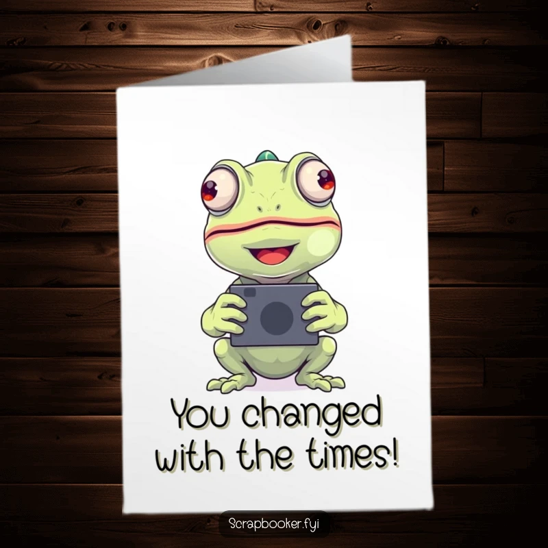 Funny Free Printable Congrats Card: Beaming chameleon happily places a photo, celebrating a milestone.
